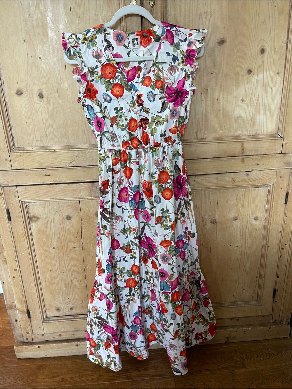 Anne Klein White Floral Midi Dress with Pink & Orange Blooms size 2 runs big